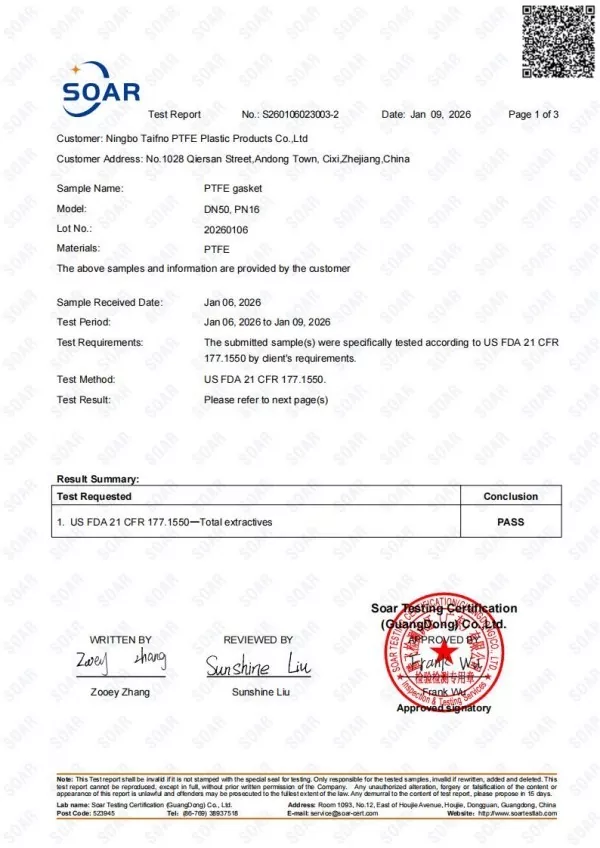 PTFE Gasket US FDA 21 CFR 177.1550 Test Report